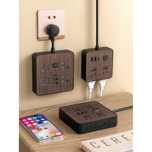 公牛公正午木纹多功能插座方形桌面插线板带USB充电排插家用宿舍