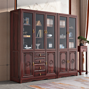 新中式古典红木书柜现代高档酸枝木书房家具储物柜带玻璃置物柜门