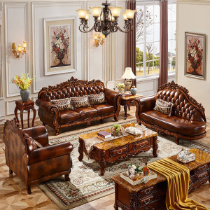 全友家居欧式真皮沙发组合客厅奢华头层牛皮四人贵妃套装实木家具