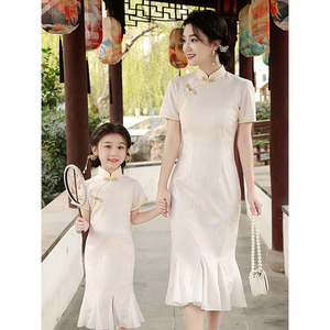 中式女童改良旗袍中国风小女孩高端亲子装母女夏装儿童鱼尾连衣裙