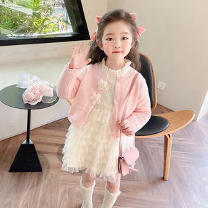 女童韩版连衣裙春秋套装儿童洋气针织开衫蓬蓬裙女宝公主裙两件套
