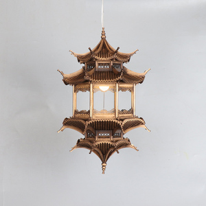 新中式吊饰禅意灯古建筑镜像木雕木质装饰酒店民宿玄关装修挂件