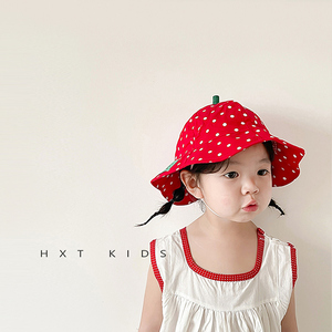 儿童渔夫帽夏款红色草莓遮阳帽子婴儿宝宝出游户外洋气防晒盆帽夏