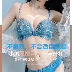 新款小胸蝴蝶结内衣仙气刺绣无钢圈少女甜美小胸聚拢显大套装文胸