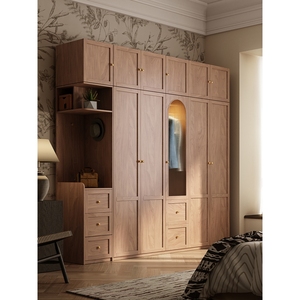 维莎衣柜开门北欧平家用卧室现代简约小户型胡桃色中古风玻璃门