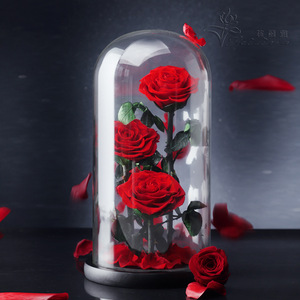 情人节礼物大王子三朵花永生花成品玻璃罩玫瑰跨境