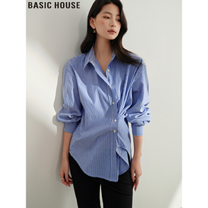 Basic House/百家好设计师款两穿蓝色条纹衬衣显瘦通勤衬衫女春夏