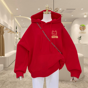 大红色亲子装连帽春秋款洋气时髦男女童卫衣2024新款儿童上衣外套