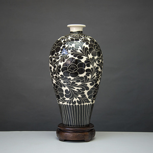 新品大家陶艺安氏磁州窑瓷器花瓶摆件陶瓷仿古黑剔花工艺中式装饰