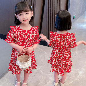 巴拉巴柆2024年夏季新款女童连衣裙中小童雪纺连衣裙红色花朵短袖