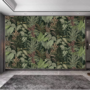 美式复古怀旧植物背景墙壁纸民宿东南亚热带雨林手绘森林墙纸墙布