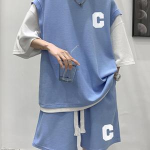 乔丹奶蓝色华夫格短袖短裤套装美式篮球假两件运动服男装一套搭配