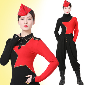 夏季水兵舞服装女高领长袖恤黑红拼色五角星广场舞弹力大码上衣