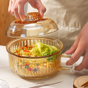 泡面玻璃碗带把手防烫家用微波炉ins高颜值带盖大容量透明泡面碗