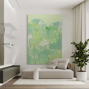 新中式肌理画客厅莲花荷叶手绘油画玄关抽象绿色装饰挂画丙烯壁画