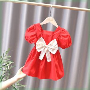 红裙子夏小童2024年夏季新款宝宝时髦短袖礼服裙女童生日连衣裙
