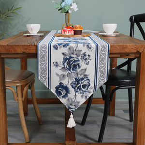 跨境新中式桌旗古典刺绣流苏桌旗餐桌布艺茶几装饰床旗一件代发