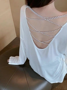 长袖T恤女2024春秋季设计感镂空网红小心机性感珍珠漏背薄款上衣
