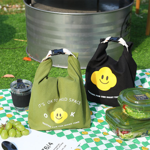 野餐饭盒袋 原创简约英文笑脸挎包造型军绿色便当包跨境外贸