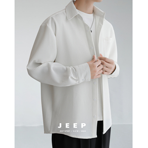 Jeep吉普华夫格肌理衬衫男高级设计感春秋季长袖休闲白色衬衣外套