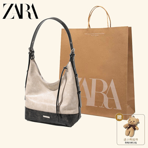 ZAR2024新款大容量单肩女包高级感拼色单肩包水桶包托特包PU质感