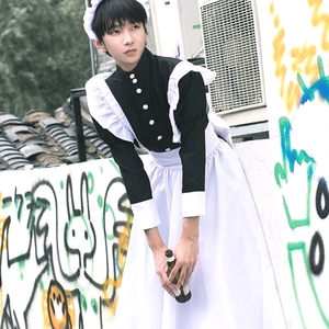 男仆装COSplay服装黑白衣服英国风珍珠线长款咖啡厅女仆COS装制服