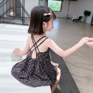 巴拉巴柆韩系女童连衣裙夏季中小童洋气雪纺沙滩裙女宝宝夏装吊带