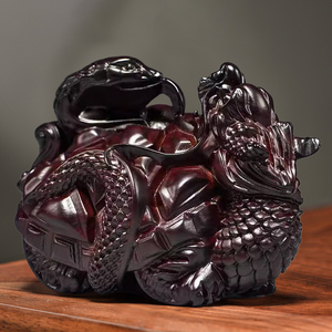 黑檀木雕刻龙龟摆件玄武神兽实木龟蛇四方神兽客厅办公卧室装饰品