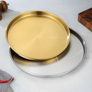 法式圆形蒸盘加厚不锈钢餐具意面深盘铁盘金色披萨盘子大托盘平底