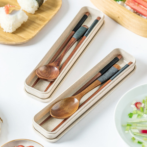 日系便携式盒装木质勺子筷子天然环保雕刻餐具筷勺套装勺叉筷