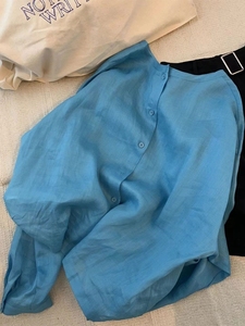 蓝色两面穿亚麻防晒长袖衬衫女高级感圆领衬衣夏季薄款透气上衣春