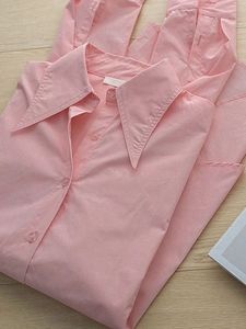 早春新款高级感百搭大尖领长袖粉色衬衫女2024年宽松显瘦廓形衬衣