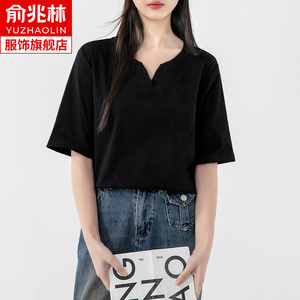 俞兆林黑色纯棉短袖t恤女士夏季V领宽松半袖小性感设计感正肩上衣