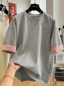 超大码300斤新中式国风撞色袖子短袖t恤男女夏季新款设计感上衣潮