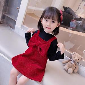韩版女宝宝春装洋气时髦女童新年衣服春秋连衣裙儿童背带冬款加绒