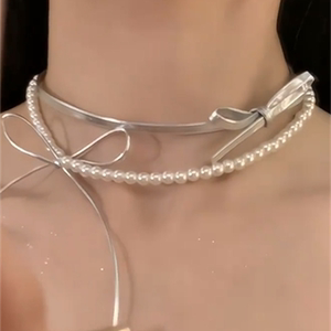 FIXOOFIX蝴蝶结珍珠项链女韩国小众设计感锁骨链银色皮绳双层颈链