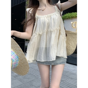 韩系甜美小飞袖吊带上衣夏季女外穿设计感小众宽松方领雪纺娃娃衫