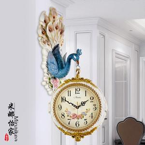 时钟挂表挂钟客厅大气两面孔雀美式轻奢欧式石英钟表创意家用双面