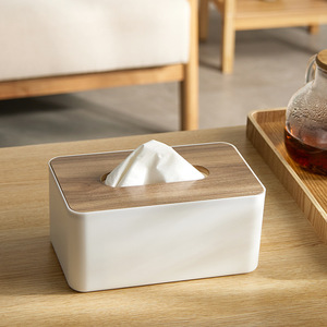 纸巾收纳盒多功能竹木盖纸巾盒客厅桌面塑料简约创意家用抽纸盒