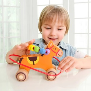 木玩世家iwood木制小狗小马绕珠推车儿童益智绕珠架玩具3-6周岁