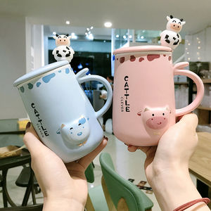 韩式可爱卡通超萌男女学生陶瓷马克杯家用上学喝水牛奶咖啡杯带盖