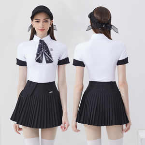 夏季高尔夫网球短袖女百褶裙羽毛球套装女韩版修身golf女装上衣女