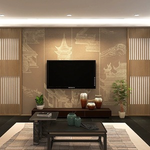 新中式建筑壁画墙纸古色工笔线条画壁布客厅茶室博古架背景墙壁纸