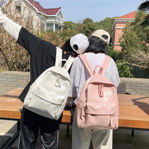 日版古着感少女书包校园韩版高中学生双肩包森系百搭PU皮纯色背包