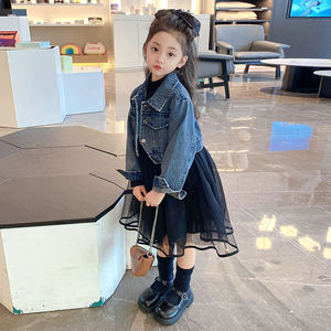 品巴拉巴拉韩系女童夏季套装新款洋气黑色连衣裙儿童牛仔外套两件