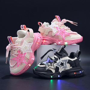回力女童鞋秋款2024新款LED灯鞋运动网鞋中小童跑步鞋女孩老爹鞋