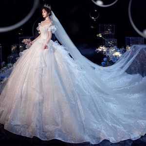 高级质感法式主婚纱2021新款一字肩气质新娘宫廷风高端蕾丝大拖尾