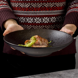 日本进口无印良品日式复古餐具大号黑色陶瓷盘子浅口钵菜碗汤盘家