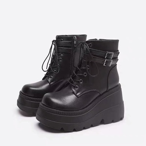 百丽women platform boots wedge shoes女防水台圆头厚底短筒靴女