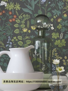 3d田园风格壁纸北欧小花碎花美式乡村客厅卧室清新复古墨绿色壁纸